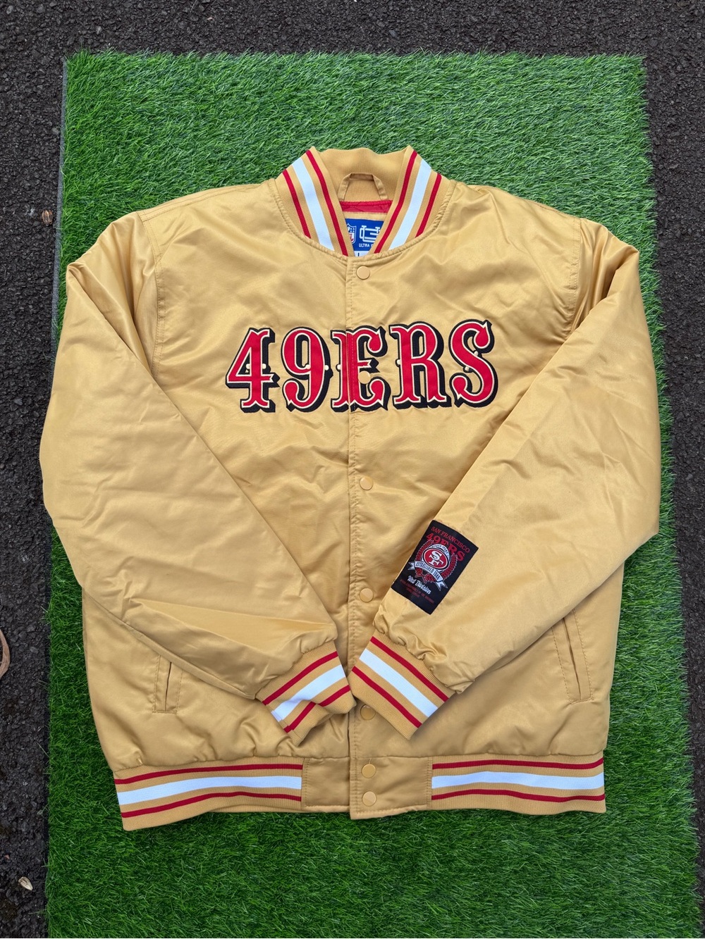 49ERS Gold Satin Varsity Bomber Jacket